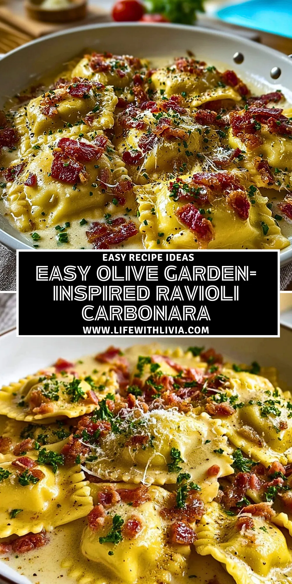 Easy Olive Garden-Inspired Ravioli Carbonara - Pin 1
