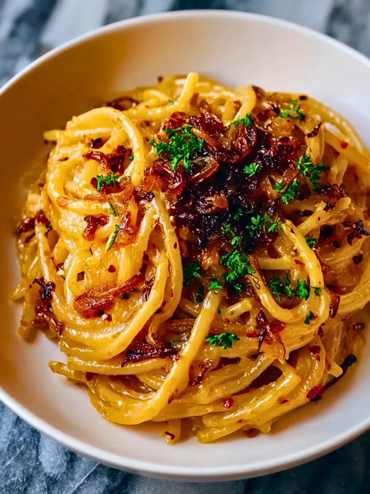 Caramelized Onion Pasta with Chilli Oil 2