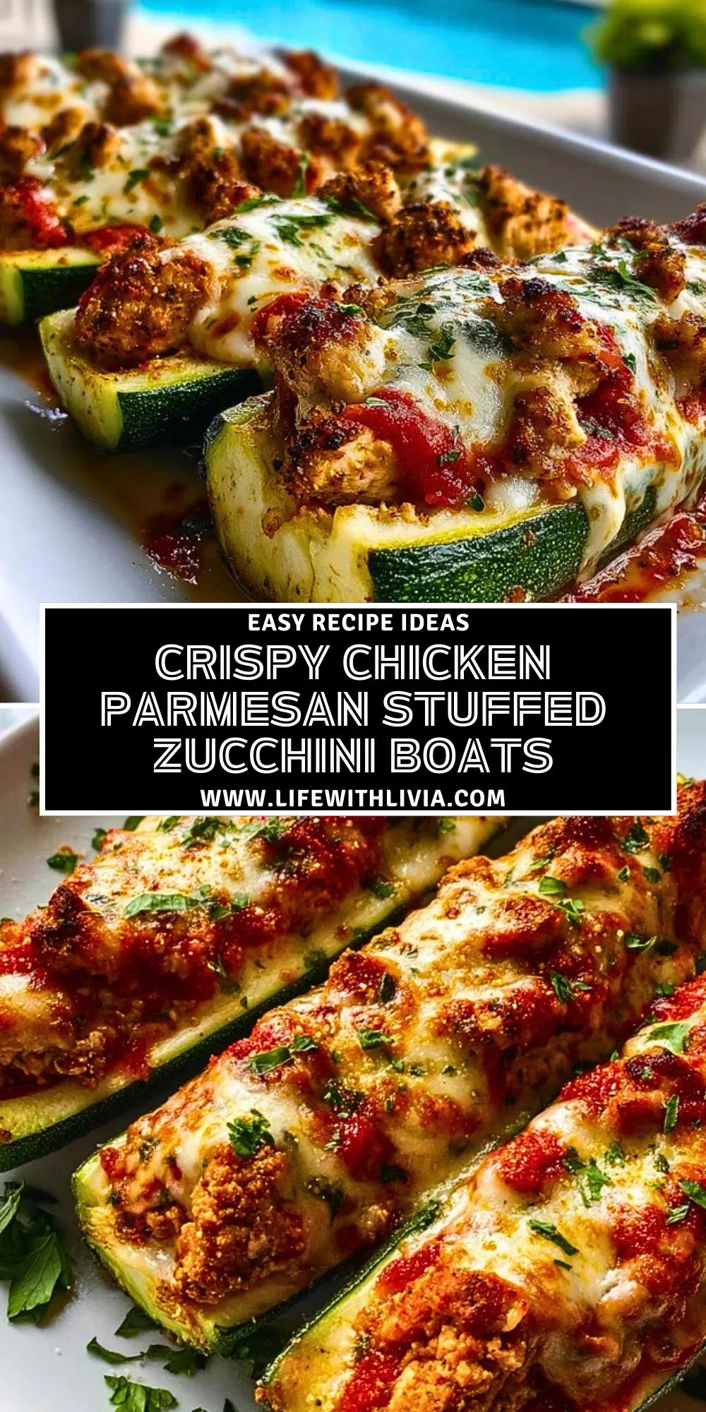 Crispy Chicken Parmesan Stuffed Zucchini Boats - Pin 1