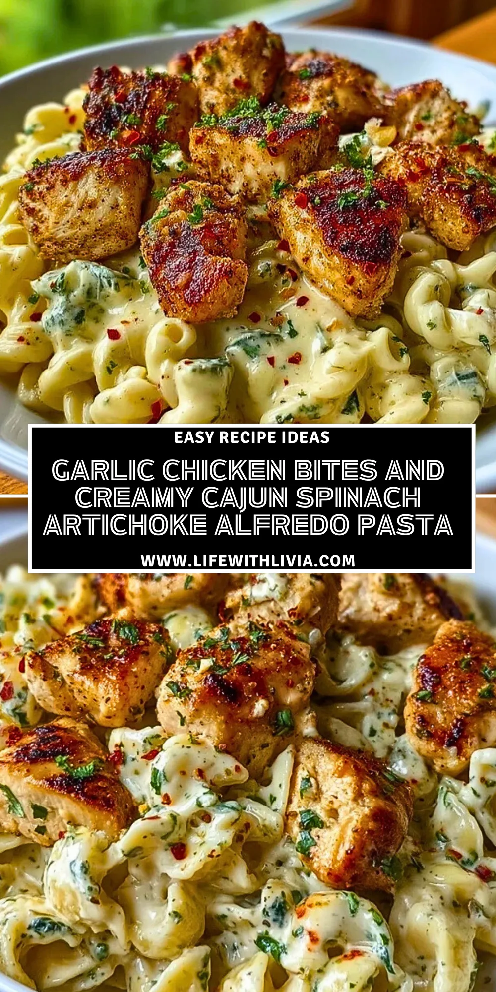 Garlic Chicken Bites and Creamy Cajun Spinach Artichoke Alfredo Pasta - Pin 1