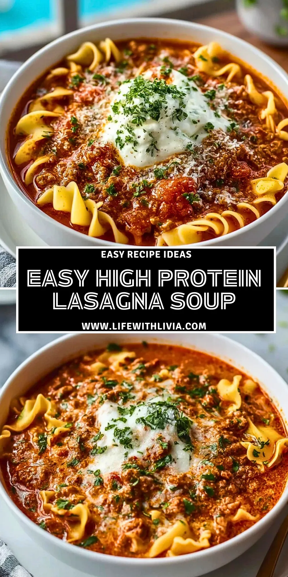 Easy High Protein Lasagna Soup- Pin 1