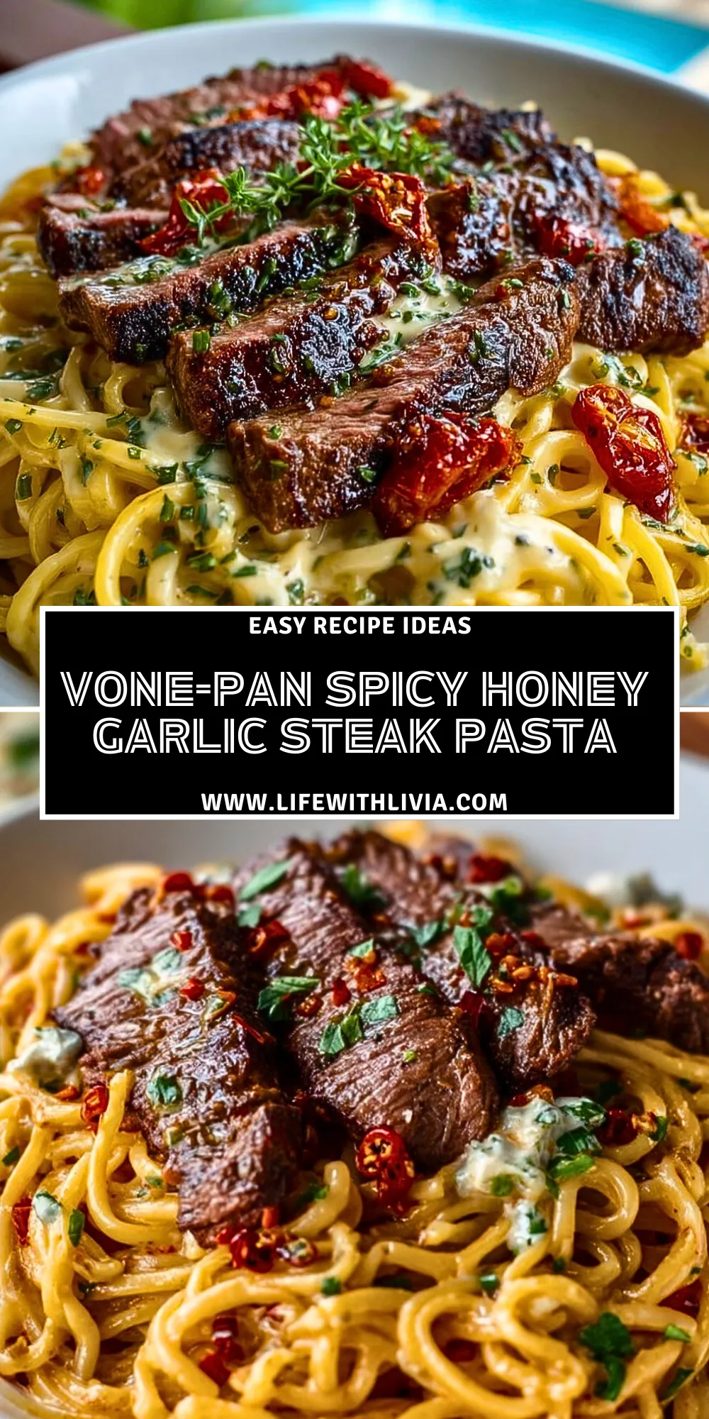 One-Pan Spicy Honey Garlic Steak Pasta- Pin 1