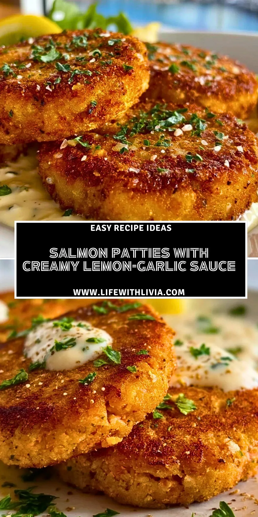 Salmon Patties with Creamy Lemon-Garlic Sauce - Pin 1