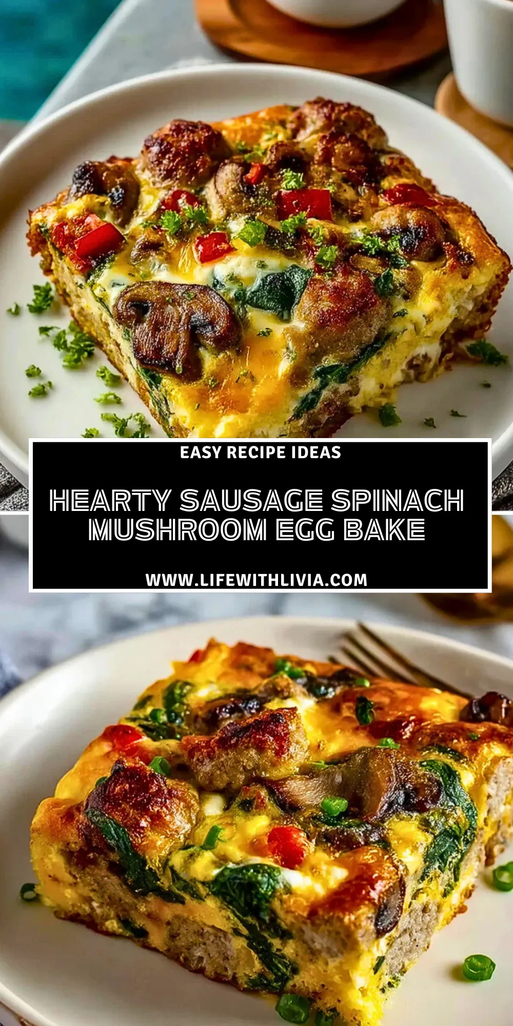 Hearty Sausage Spinach Mushroom Egg Bake- Pin 1