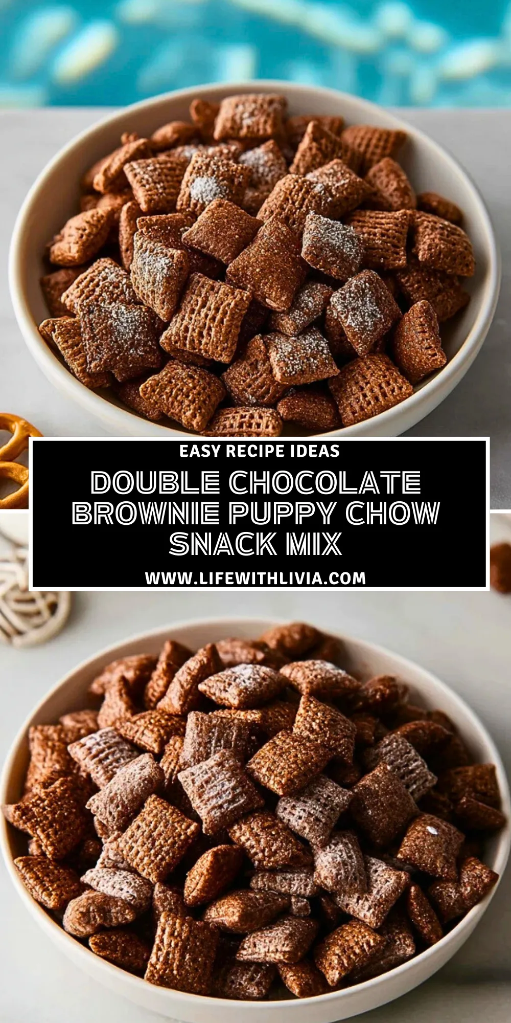 Double Chocolate Brownie Puppy Chow Snack Mix - Pin 1