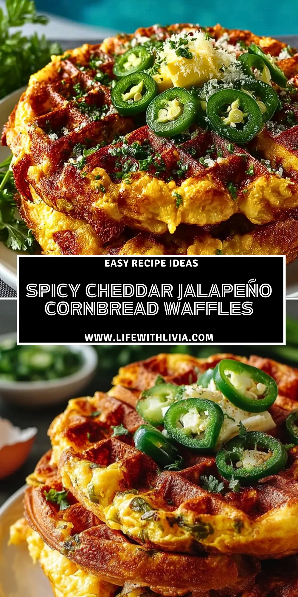 Spicy Cheddar Jalapeño Cornbread Waffles - Pin 1