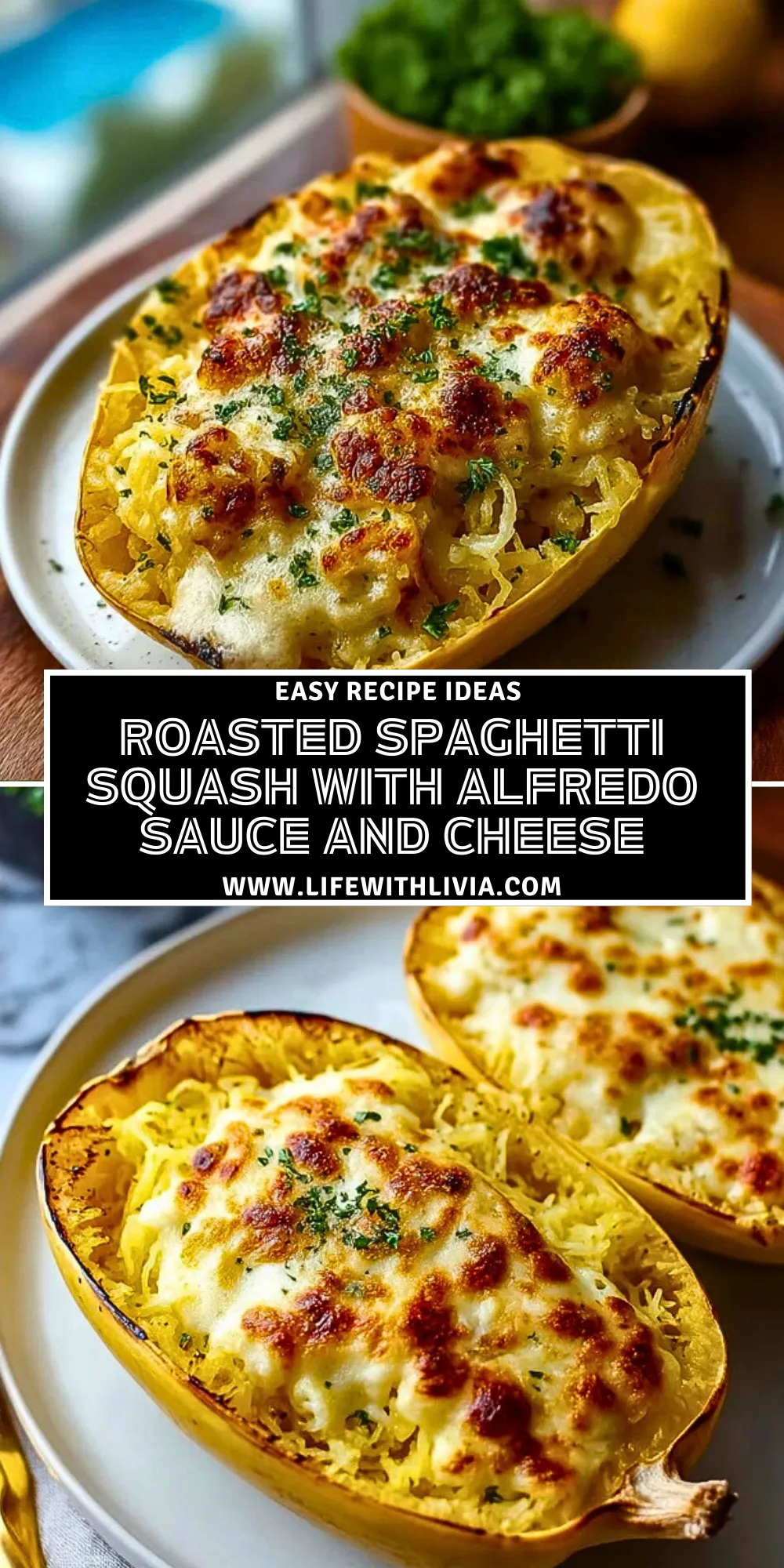 Roasted Spaghetti Squash With Alfredo Sauce and Cheese - Pin 1