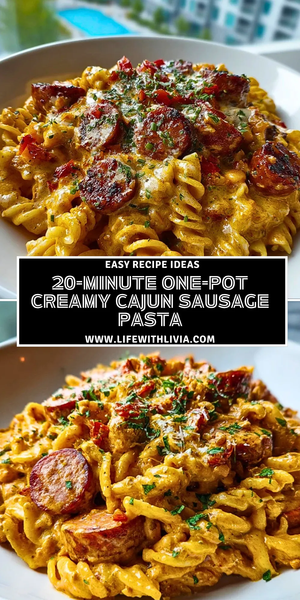 20-Minute One-Pot Creamy Cajun Sausage Pasta - Pin 1