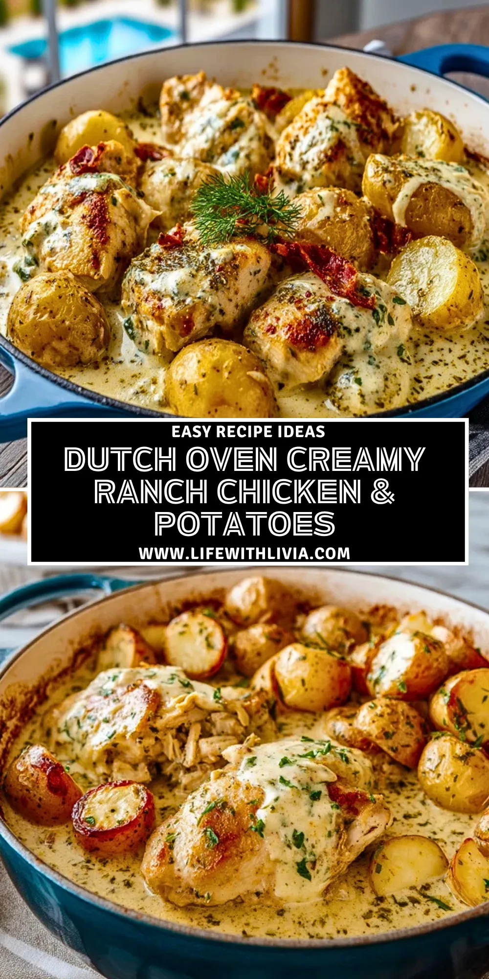Dutch Oven Creamy Ranch Chicken & Potatoes- Pin 1