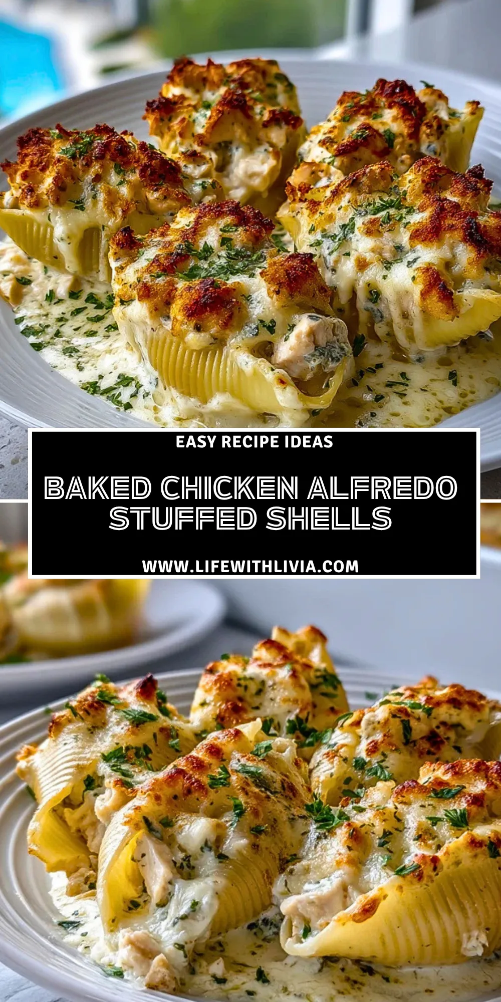 Baked Chicken Alfredo Stuffed Shells - Pin 1