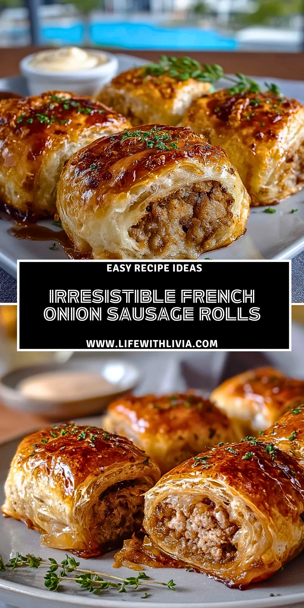 Irresistible French Onion Sausage Rolls - Pin 1