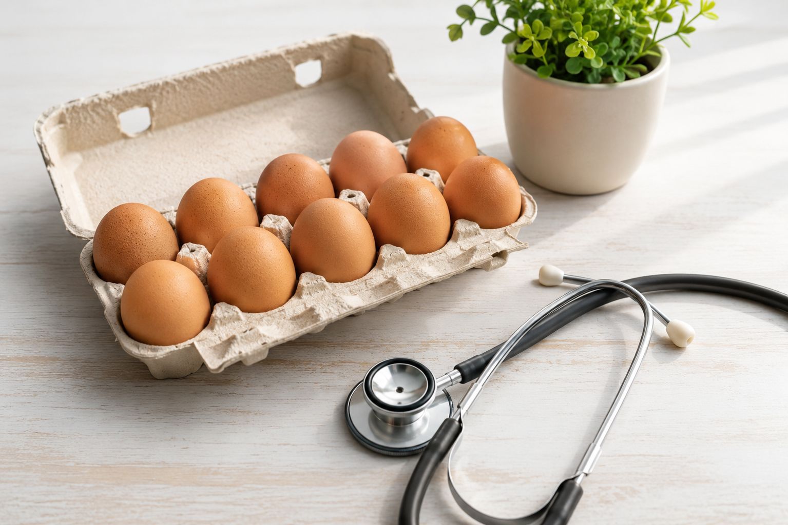 A carton of eggs beside a stethoscope on a clean white table