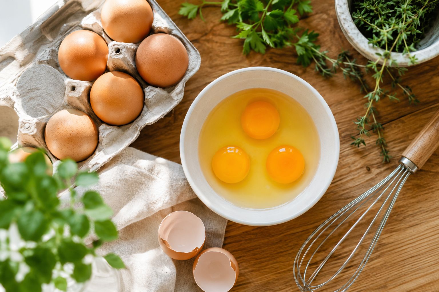 A daily breakfast spread with a carton of eggs, fresh fruit, orange juice and whole-grain toast on a rustic table