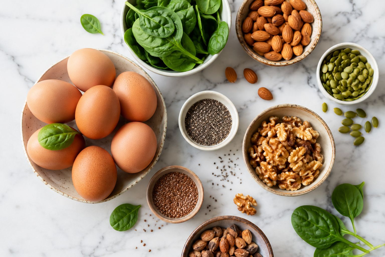 Eggs with nuts, seeds and spinach - natural sources of selenium, iron and phosphorus