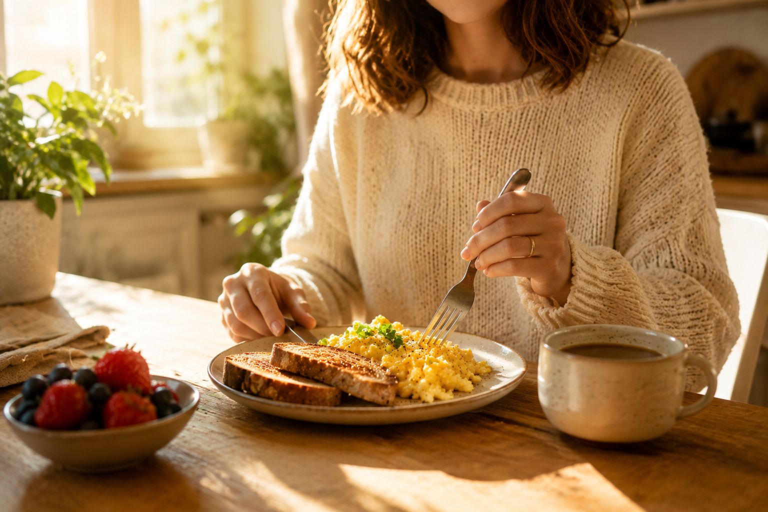 A woman enjoying a sunny breakfast of eggs and toast with a cup of coffee