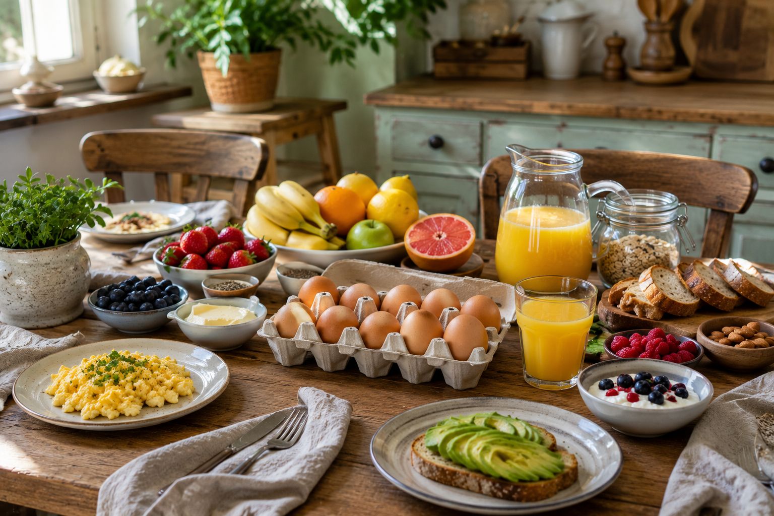 A full healthy breakfast table with eggs, fruit, orange juice and toast